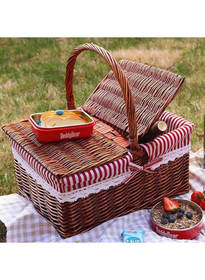 أكاليكس سلة نزهة خشبية خارجية - سلة نزهة من الخيزران والروطان، غطاء للتخييم والعطلات الشاطئية، سلة تخزين طعام، سلة تسوق محمولة، سلة هدايا (40×30×20 سم) - سلة نزهة مصنوعة يدويًا - Image 4